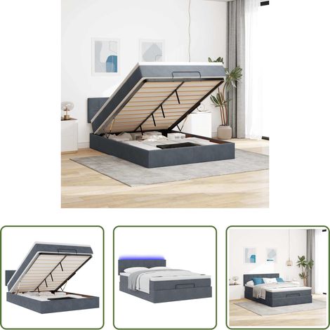 vidaXL LED-Beleuchtung - Ottoman-Bett mit Matratze & LEDs Dunkelgrau 140x200 cm Samt (1/5)