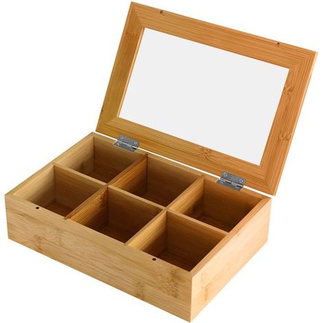 Boîte à Thé Vitré 6 Compartiments de Rangement Élégant Pratique Cheffinger Marron clair (1/5)