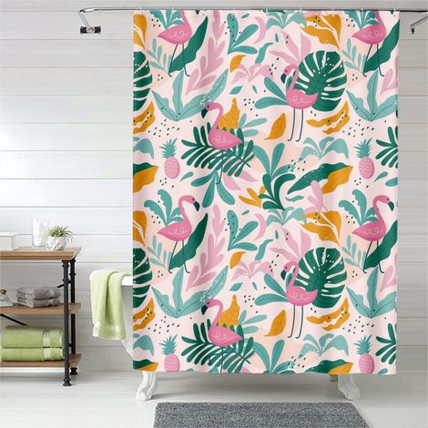 Rideau de douche flamant rose aquarelle, tissu salle de bain imperméable,150x180 cm,Polyester,Rose (1/5)