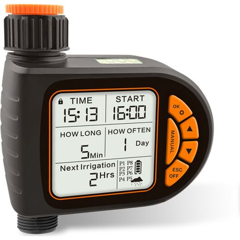 Dispositivo inteligente de control de riego con pantalla LCD, temporizador de riego automático para plantas de exterior y función de ahorro de agua. (1/5)