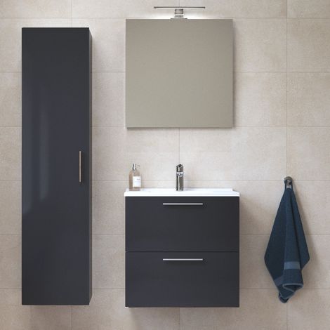Vitra  Mia Conjunto de mobiliario para baño 59x61x39,5 cm con espejo, lavabo e iluminación LED + mueble de baño 145x35x35 cm, Antracita