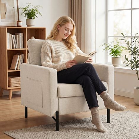 Poltrona lounge, divano imbottito monoposto con braccioli, seduta ampia e gambe in acciaio, 73 x 77 x 87 cm, beige