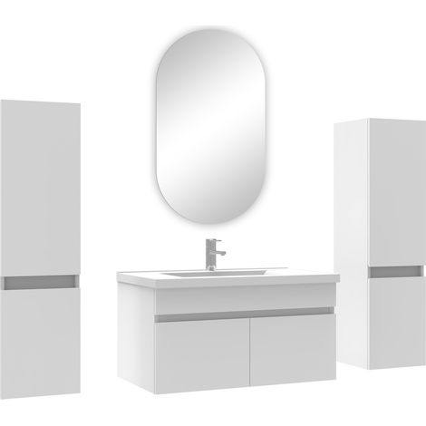 Ocean ensemble meubles Salle de Bain simple vasque 80cm, colonnex2 + miroir ovale Blanc