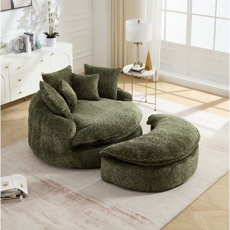 Sillón lounge redondo 190,5x138x63 cm de poliéster verde oliva con puf - MEUBLIV (1/5)