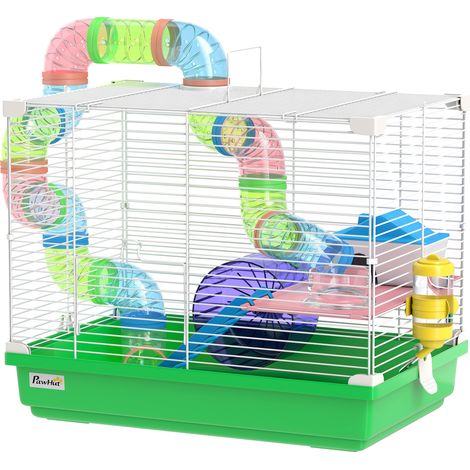 Zweistöckiger Hamsterkäfig mit Tunnel, Trinkflasche, Laufrad, Versteck und Leitern, 46 x 30 x 37 cm, grün