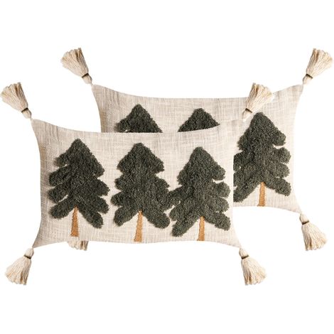 Set of 2 Scatter Cushions Light Beige and Green Cotton Fabric Decorative Christmas Motif 30 x 50 cm Home Accessory FAGRAEA (1/5)