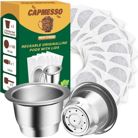 Capsules à espresso réutilisables Capsules à café rechargeables en acier inoxydable Compatible avec la machine à café OriginalLine (2 dosettes+100 couvercles). (1/5)