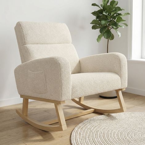 Poltrona a Dondolo, 69x78x87cm, Sedia a Dondolo con Tasche Portaoggetti e Seduta Ampia, Tessuto Orsetto e Legno, Design Scandinavo, Beige
