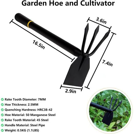 Râteau et binette en un – outil de jardin – acier au carbone robuste – manche ergonomique antidérapant pour les légumes (1/4)