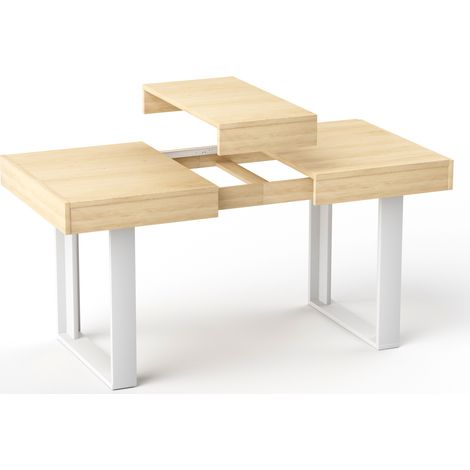Mesa de comedor extensible retro 120-160 cm para 8 personas, tablero aglomerado, natural y blanco (1/5)