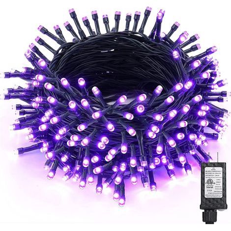 Guirlande lumineuse violette d'Halloween, 30 m (98,42 pi), 300 LED violettes, 8 modes d'éclairage, connectable, étanche, idéale pour décorer la maison, le sapin et les fenêtres lors de fêtes. (1/5)