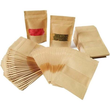 100 Stück 9-14 cm große Kraftpapier-Zip-Lock-Beutel mit Sichtfenster, Mini-Verpackungsbeutel aus biologisch abbaubarem Material für Saatgut, Süßigkeiten, Geschenke, Schmuck (9-14 cm, 100 Stück braun) (1/4)