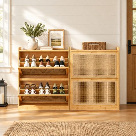 Zapatero 69x29x83 cm de bambú natural, 2 puertas abatibles para recibidor estrecho - CHICFURN (1/5)