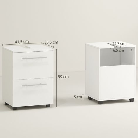 Meuble vasque salle de bain blanc, rangement compact avec tiroir, en panneau de particules, meuble sous lavabo moderne, petit meuble toilette avec plan vasque (1/5)
