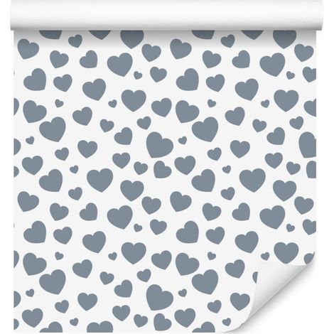 Papier peint à motifs de cœurs, blanc, gris clair, bleu et gris, 50 x 1000 cm (1/5)