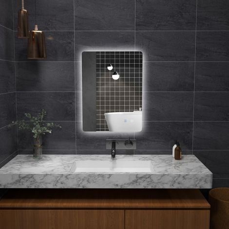 Rechteckiger, wandmontierter LED-Badezimmerspiegel, 80 x 60 cm, Helligkeit einstellbar, klarweiß