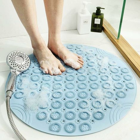 PVC Tapis de Bain de Massage Rond Tapis Douche Antidérapant Tapis de Salle de Bain Tapis de Douche Lavable en Machine Tapis de Baignoire avec Trous de Drainage et Ventouses,55x55cm,Bleu (1/5)