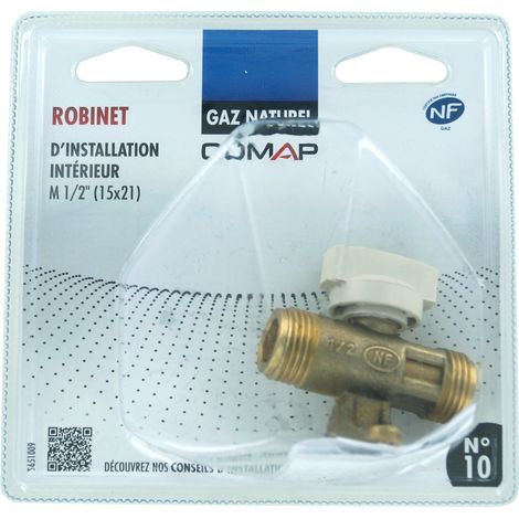 Comap – Robinet gaz naturel mâle 1/2" – Entrée et sortie 15x21 – Norme NF XP e29-140 – S651009