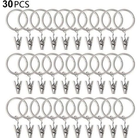 30 Stück robuste Gardinenringe mit Clips, Spannstangenhalter und Metallösen, dekorativ, silberfarben. (1/4)