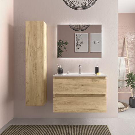 Mueble de baño Bequia 80 cm Roble con Lavabo de porcelana