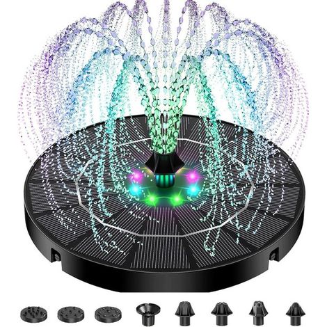 Fontaine solaire avec éclairage LED – Diamètre 16 cm – 8 embouts – Pour bassin, jardin et bain d’oiseaux (1/5)