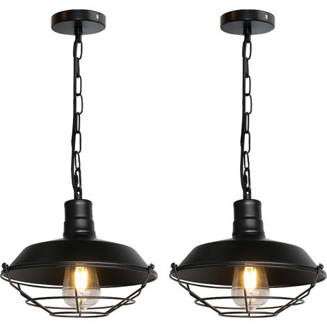 2X Pendant Lighging Fixture, Vintage Industrial Hanging Ceiling Lamp, Metal Chandelier with Cage Lampshade Edison Bulb Base for Bedroom Kitchen Island Loft - Ø36cm (Black)
