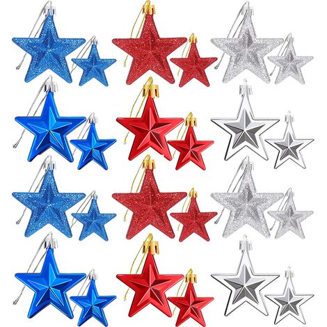 Adorno Estrella Patriótico - Bola Colgante para Árbol de Navidad y Fiesta - Diámetro 6,7 cm y 5 cm - Decoración para Día de la Independencia, Día de los Veteranos, Día de los Caídos - Pack de 12 (1/5)