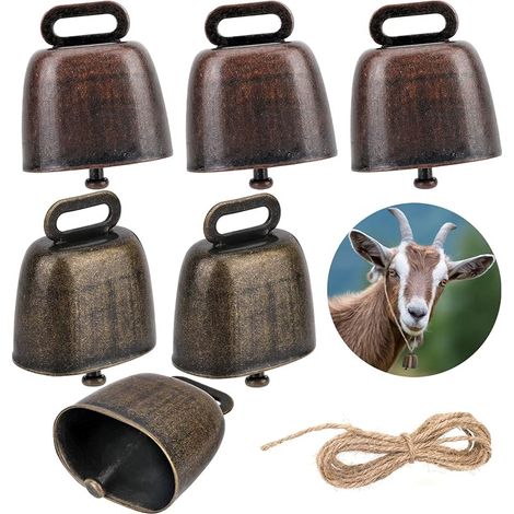6 Pièce Cloche de Vache, Mouton, Cloches de Pâturage Cuivre, Bétail Bronze, pour Accessoires Antivol Ferme d'animaux de Chèvre, avec 2 Mètre Corde (1/5)