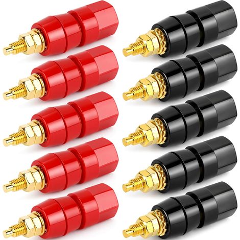 10 speaker connection terminals, 4mm pure copper threaded connectors, red and black insulated terminals (5 red and 5 black). (1/4)
