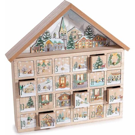 Calendario dellAvvento in legno a forma di casetta con paesaggio innevato (1/3)