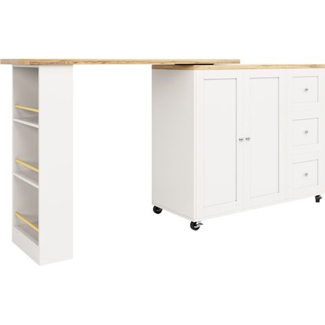 Isla de cocina giratoria 360° con ruedas blanco MDF 3 cajones con porta-snacks (1/5)