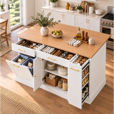Îlot de cuisine 120 cm avec plateau rabattable, meuble poubelle et étagère coulissante, blanc et naturel (1/5)