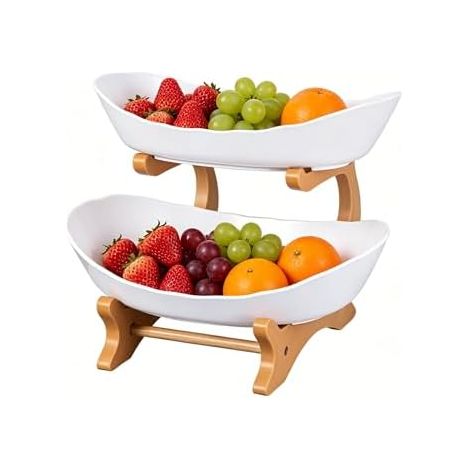 Cesta de frutas de bambú: Blanca, de dos niveles, ovalada, auxiliar de cocina, apilable, libre de BPA: opción de almacenamiento extraíble que ahorra espacio para frutas, verduras y aperitivos. (1/5)