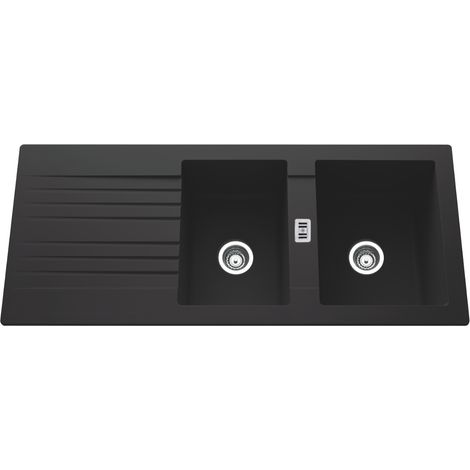 Cuisissimo – Évier résine noir 116x50 cm – 2 bacs réversibles – Évier à encastrer avec vidage manuel – Bonde et siphon inclus (1/4)