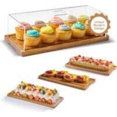 Alzata per torte con coperchio – Alzata per dessert in legno di acacia e tagliere in legno per torte, pane, pasticcini, formaggi, grande vassoio rettangolare in legno, 38 x 16 cm