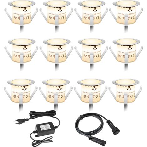 Lot de 12 spots LED encastrables au sol pour extérieur, IP67, 12 x 0,6 W, Ø 32 mm, 12 V, blanc chaud 3K, étanches, mini spots encastrables, éclairage de terrasse pour cuisine, jardin, allée (1/5)