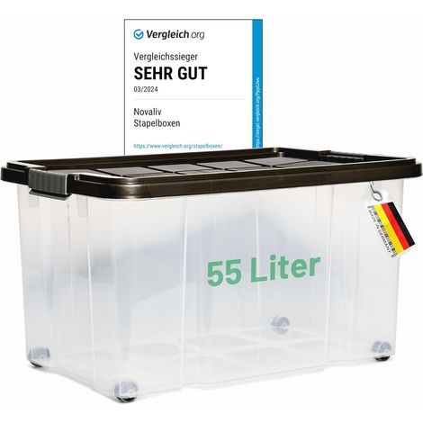 Boîte de rangement Novaliv avec couvercle, grande, 55L, anthracite. Boîte en plastique emboîtable et empilable avec fermeture à clip. Boîte Euro avec