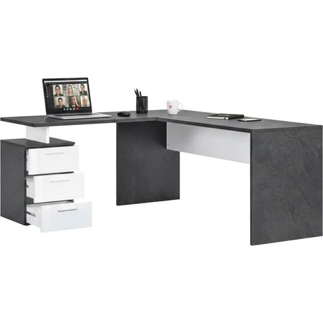 Dmora – Bureau d'angle 160x60 cm – Table d'ordinateur en bois mélaminé – Couleur gris frêne et blanc brillant – 3 tiroirs de rangement - 160x60h75