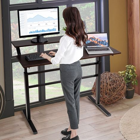 2-Tier Standing Desk Sit to Stand Workstation Ergonomic Computer Table Brown
