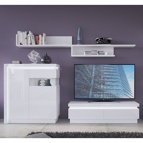 Wohnzimmer Anbauwand Set mit indirekter Beleuchtung in weiß Hochglanz, 4-teilig, LYNDHURST-129, B/H/T ca. 270/180/42 cm (1/5)