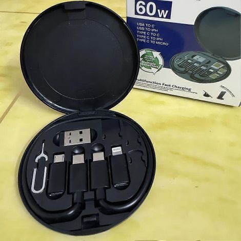 Kit de câble USB-C 5 en 1 60 W avec adaptateur OTG, étui de rangement, outil d'éjection de carte SIM et câble de données à charge rapide pour smartphones et appareils Type-C et Micro-USB. (1/5)