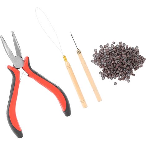 Kit d'extension de cheveux comprenant une pince, un crochet, une aiguille et des perles (3 pinces, 2 crochets, 200 anneaux). (1/5)