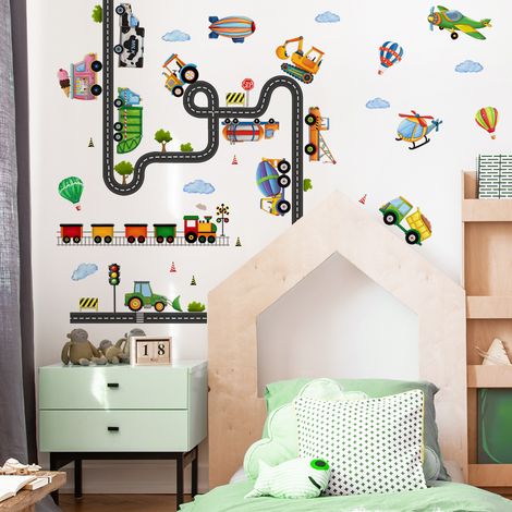 Lntyq Wandaufkleber mit Cartoon-Flugzeugen, Wolken, LKW, Zug, Wandtattoo, selbstklebende Wanddekoration für Wohnzimmer, Schlafzimmer, Küche (1/4)