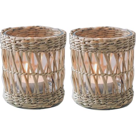 Lot de 2 photophores en osier tissé - Décoration artisanale - Style rustique et vintage - En jonc de mer - Pour table à manger, cuisine, plateau de service (1/5)