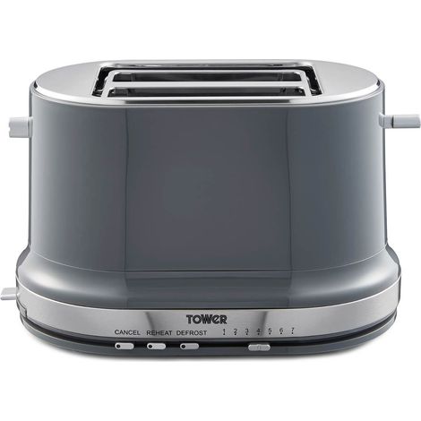 Tower T20043GRP Belle 2-Slice Toaster with 7 Browning Settings, Defrost/Reheat/Cancel, 800 W, Graphite (1/5)