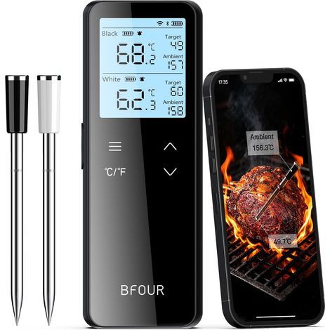 Thermomètre à viande avec base autonome, Bluetooth et WiFi, 2 sondes, portée illimitée, thermomètre à rôtir pour barbecue, fumoir, four et barbecue (1/5)