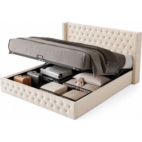 Lit coffre rembourré 140x190 en velours beige avec sommier à lattes, levage hydraulique, tête capitonnée style Chesterfield et grand rangement pour chambre - CHICFURN (1/5)