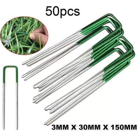 50pcs Artificial Grass Inserts Outdoor Lawn Universal Garden U-Shaped Stakes Strong Bust Fixing Galvanized Steel Half Green with Beveled End (1/3)