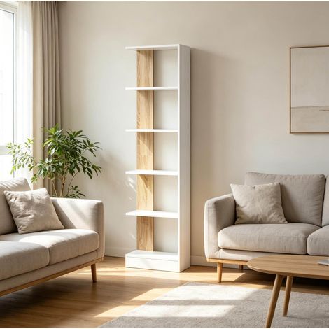 Libreria aperta 45x21x170 cm in truciolare bianco/rovere salvaspazio – MEUBLIV (1/5)