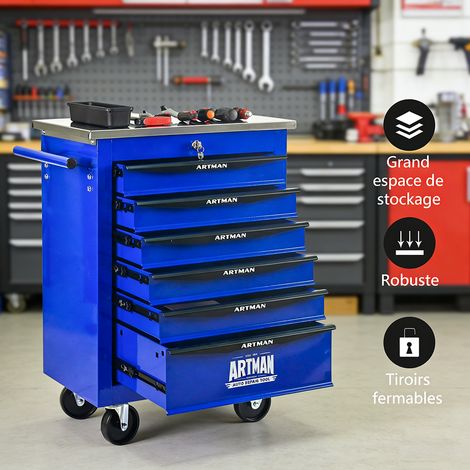 Boîte à outils Chariot 6 tiroirs sur roulettes rangement métallique pour garage entrepôt et atelier de réparation Bleu (1/5)